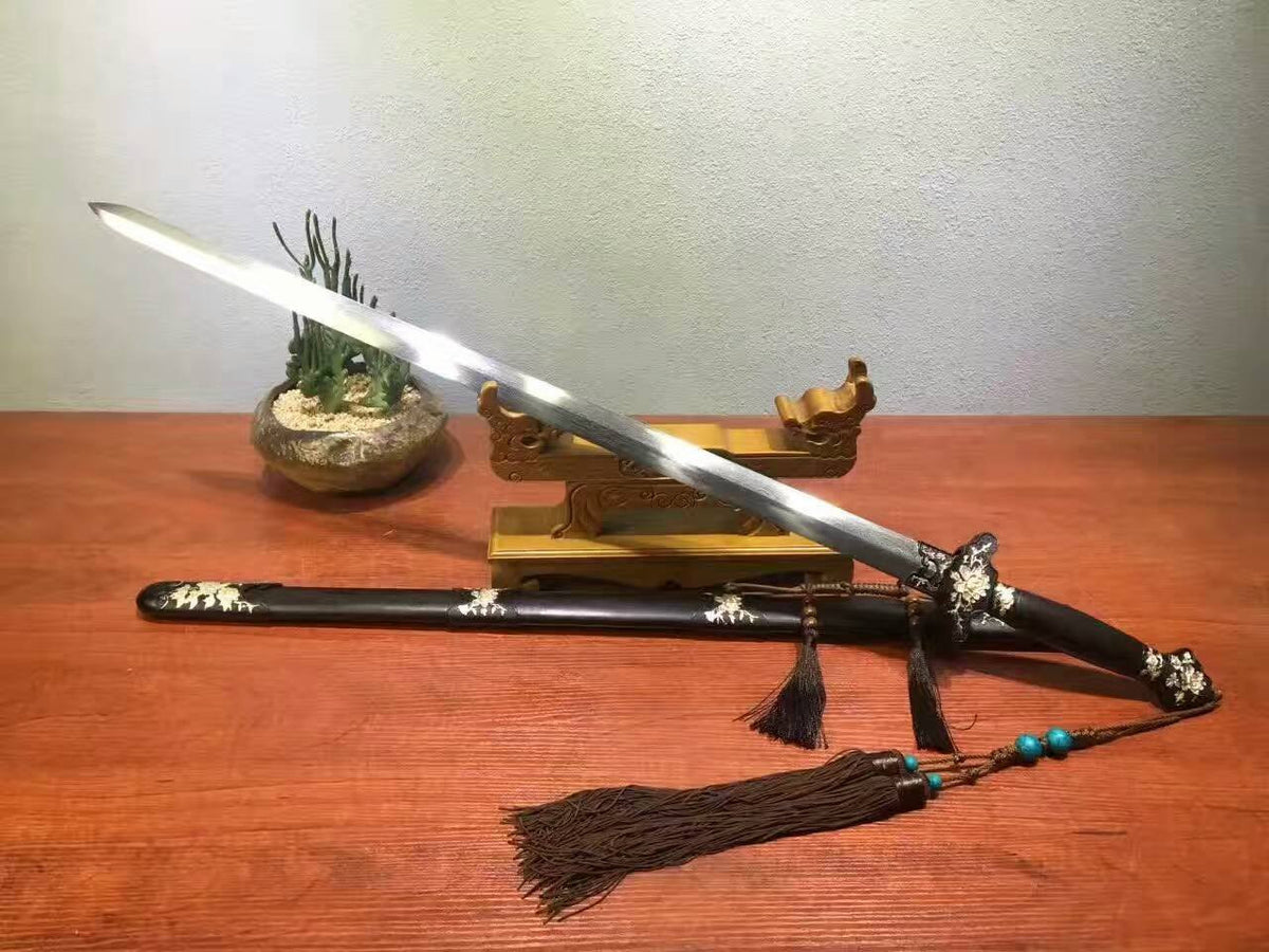 Peony sword-Damascus steel made Blade-Ebony Scabbard-Brass carved accessories - Chinese sword shop