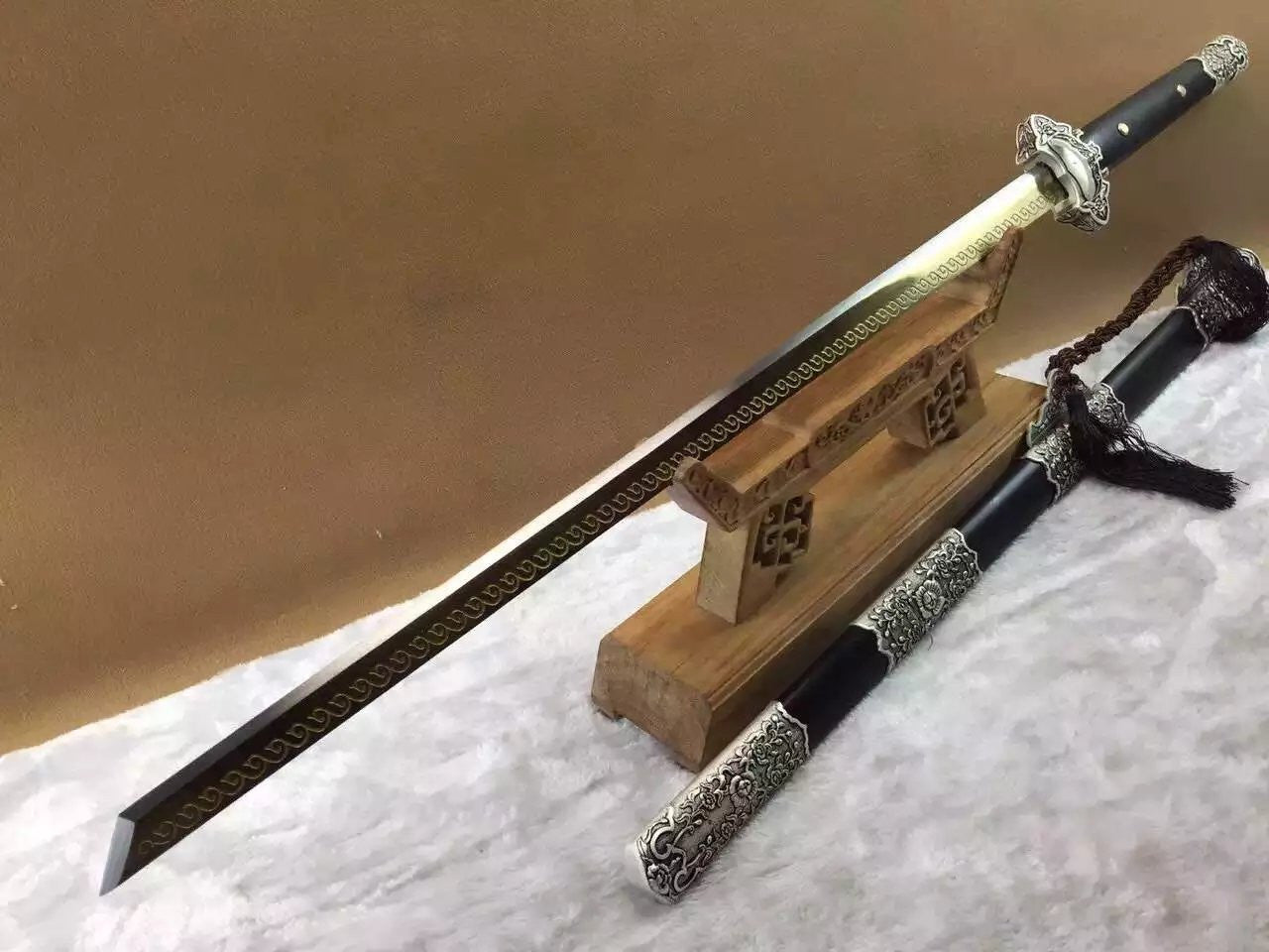 Tang dao/High manganese steel Etching flame grain blade/Black scabbard - Chinese sword shop