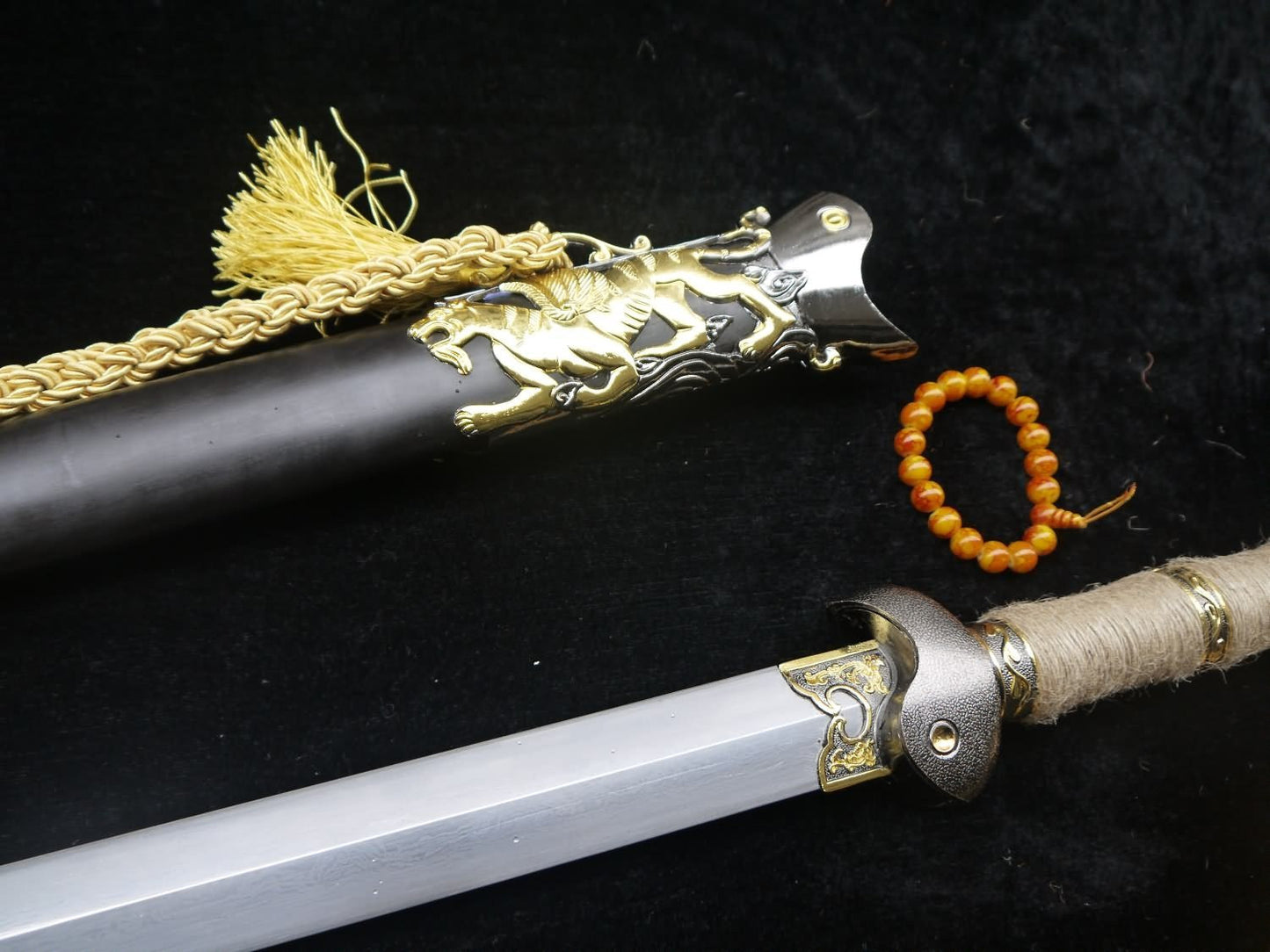 Tortoise snake sword,Damascus steel,Black Scabbard,Hemp twine - Chinese sword shop