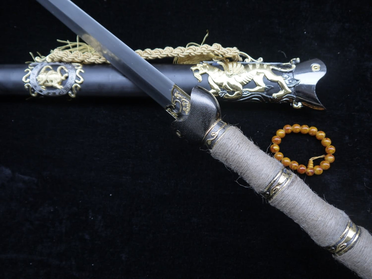 Tortoise snake sword,Damascus steel,Black Scabbard,Hemp twine - Chinese sword shop