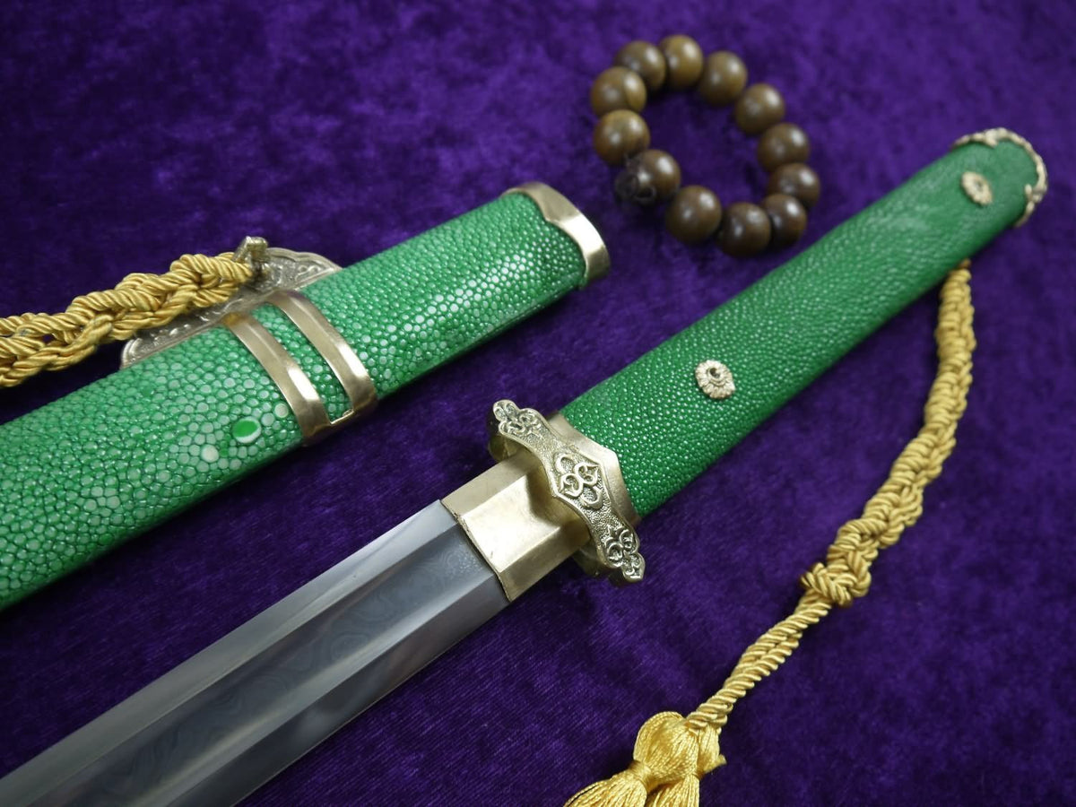 Tang sword/Damascus steel handmade blade/Brass fittings/Green skin scabbard - Chinese sword shop