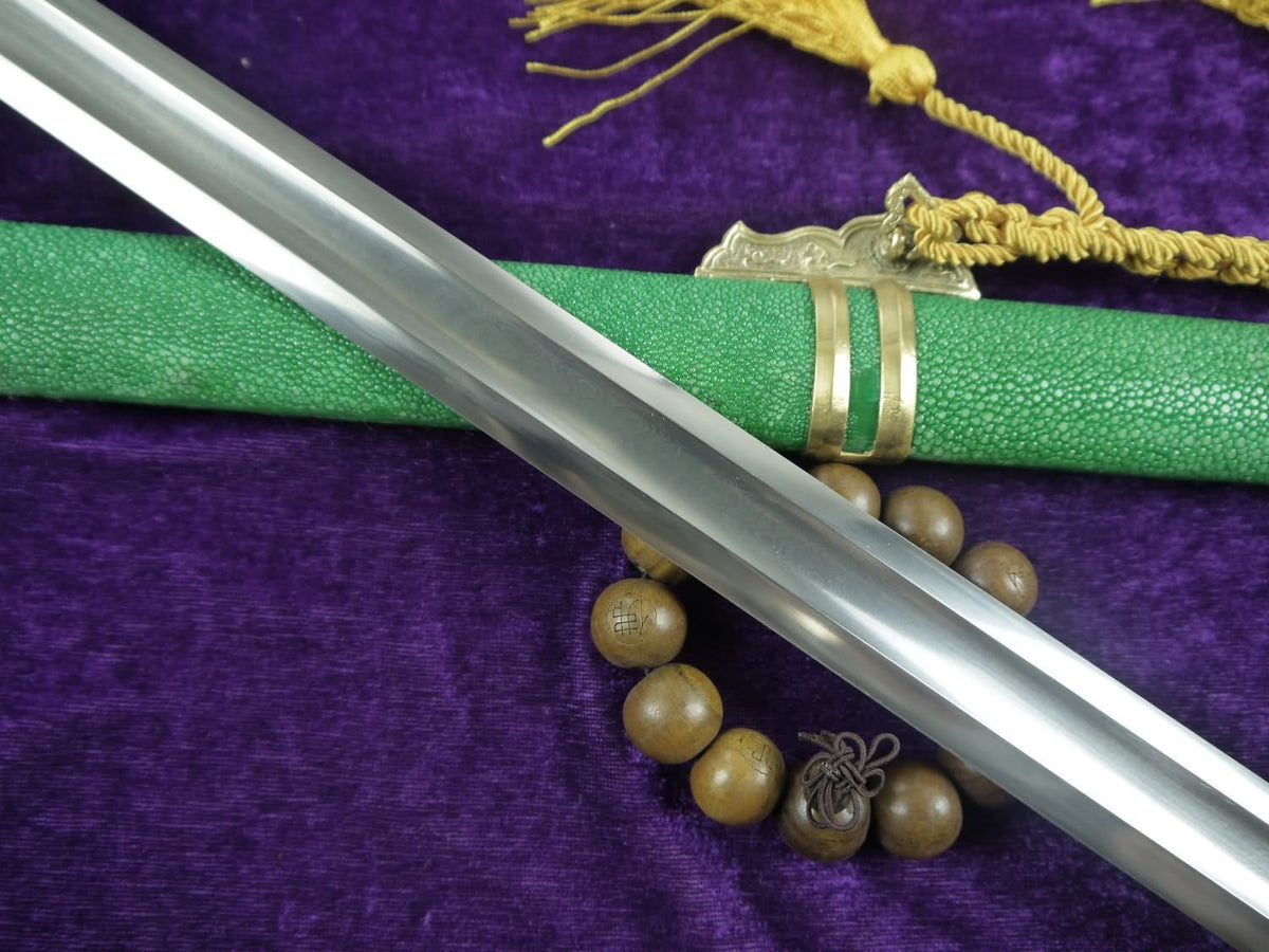 Tang sword/Damascus steel handmade blade/Brass fittings/Green skin scabbard - Chinese sword shop