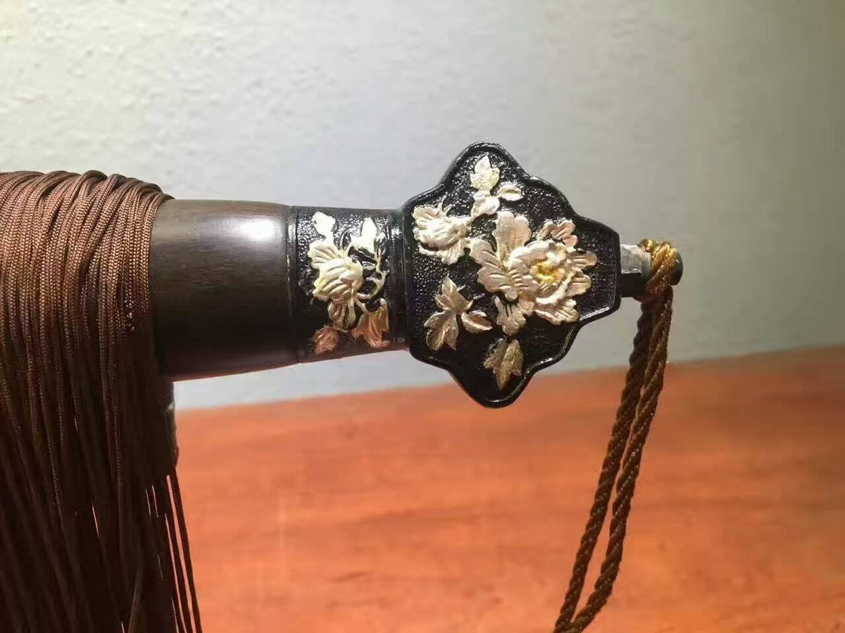 Peony sword-Damascus steel made Blade-Ebony Scabbard-Brass carved accessories - Chinese sword shop