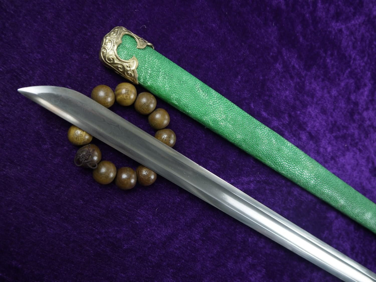 Tang sword/Damascus steel handmade blade/Brass fittings/Green skin scabbard - Chinese sword shop