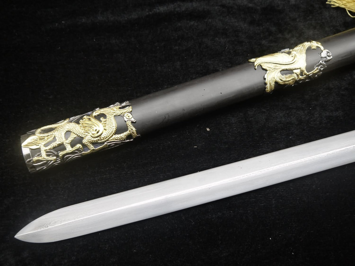 Tortoise snake sword,Damascus steel,Black Scabbard,Hemp twine - Chinese sword shop