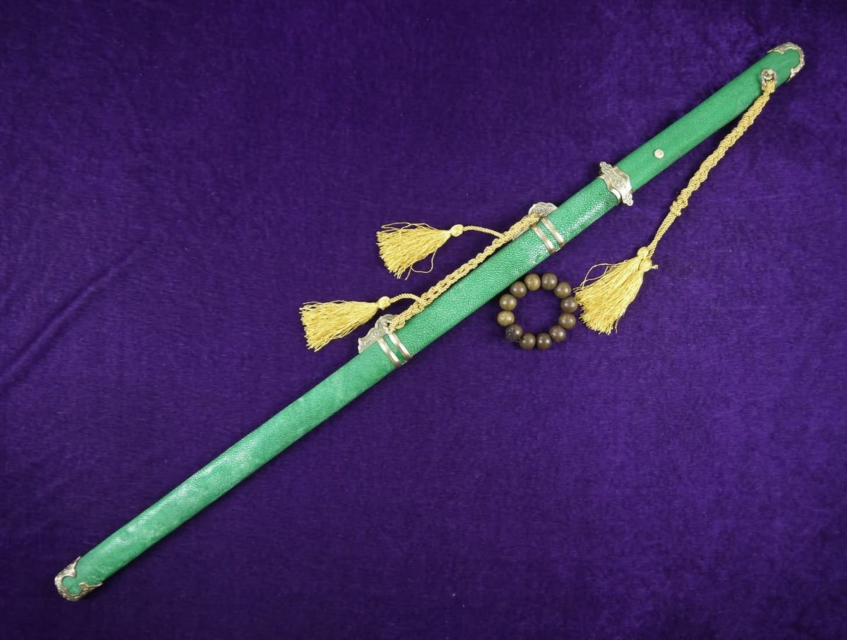 Tang sword/Damascus steel handmade blade/Brass fittings/Green skin scabbard - Chinese sword shop