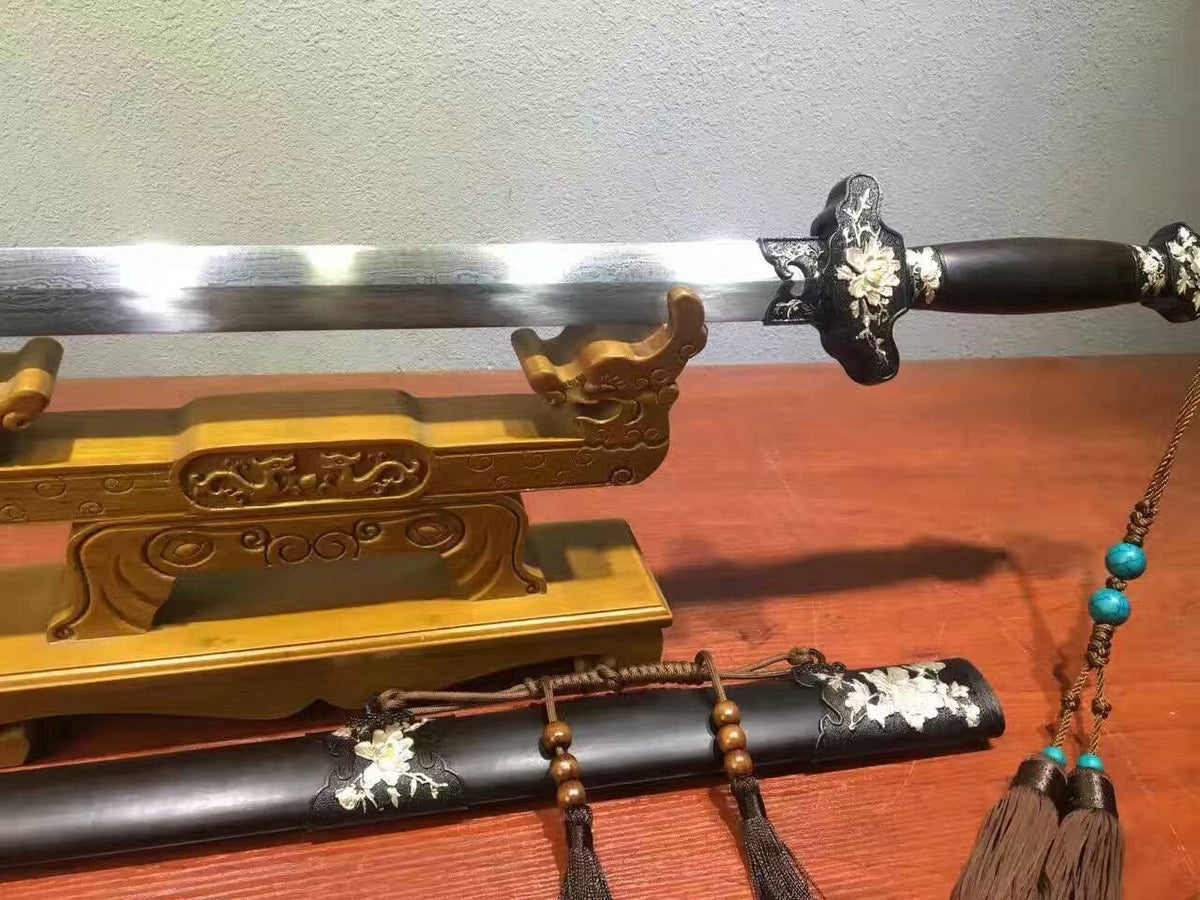 Peony sword-Damascus steel made Blade-Ebony Scabbard-Brass carved accessories - Chinese sword shop