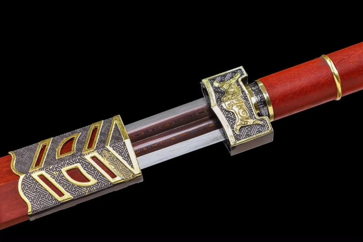 LOONGSWORD,Ruyi jian,Damascus Steel red Blade,Redwood Scabbard,Alloy Fittings