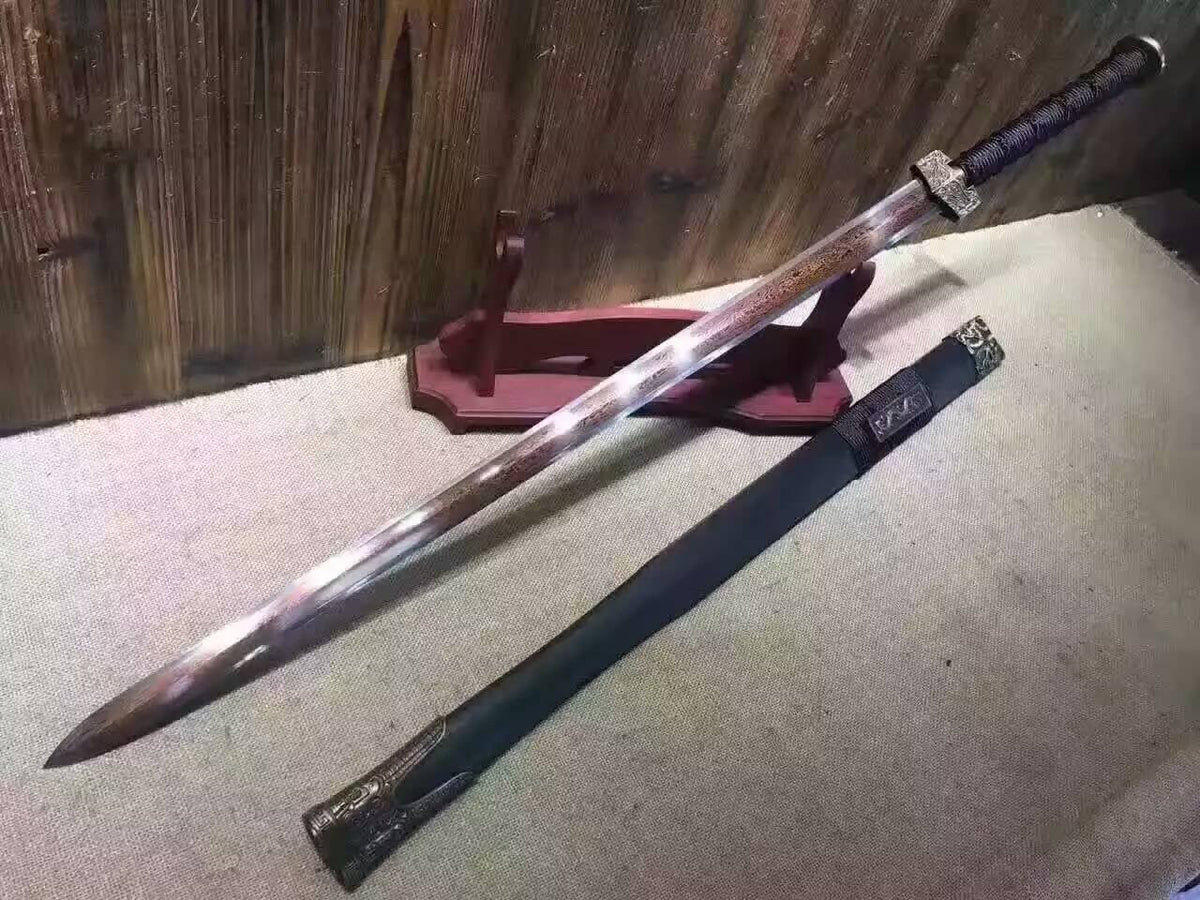 Han sword/Damascus steel red blade handmade/Dark wood Scabbard - Chinese sword shop