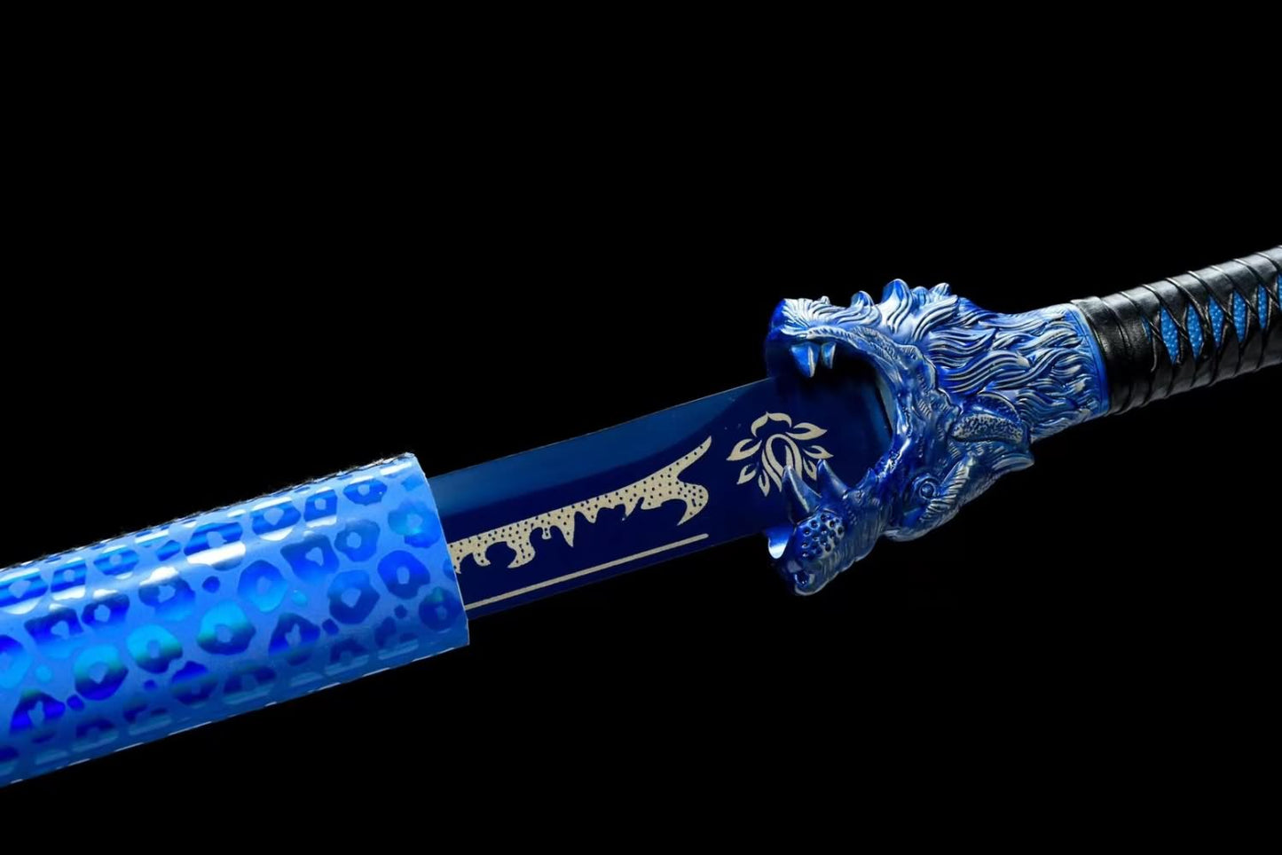 Handcrafted Blue Wolf-Head Dao Swords Real with Forged High Carbon Steel Blade- Faux Leather Scabbard and Alloy Fittings