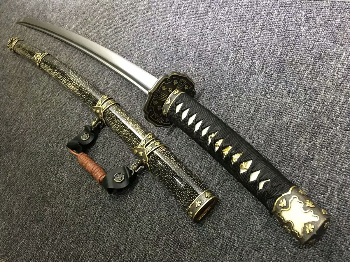 Tachi katana,Black skin scabbard,Damascus steel burn blade,Brass,Full tang - Chinese sword shop