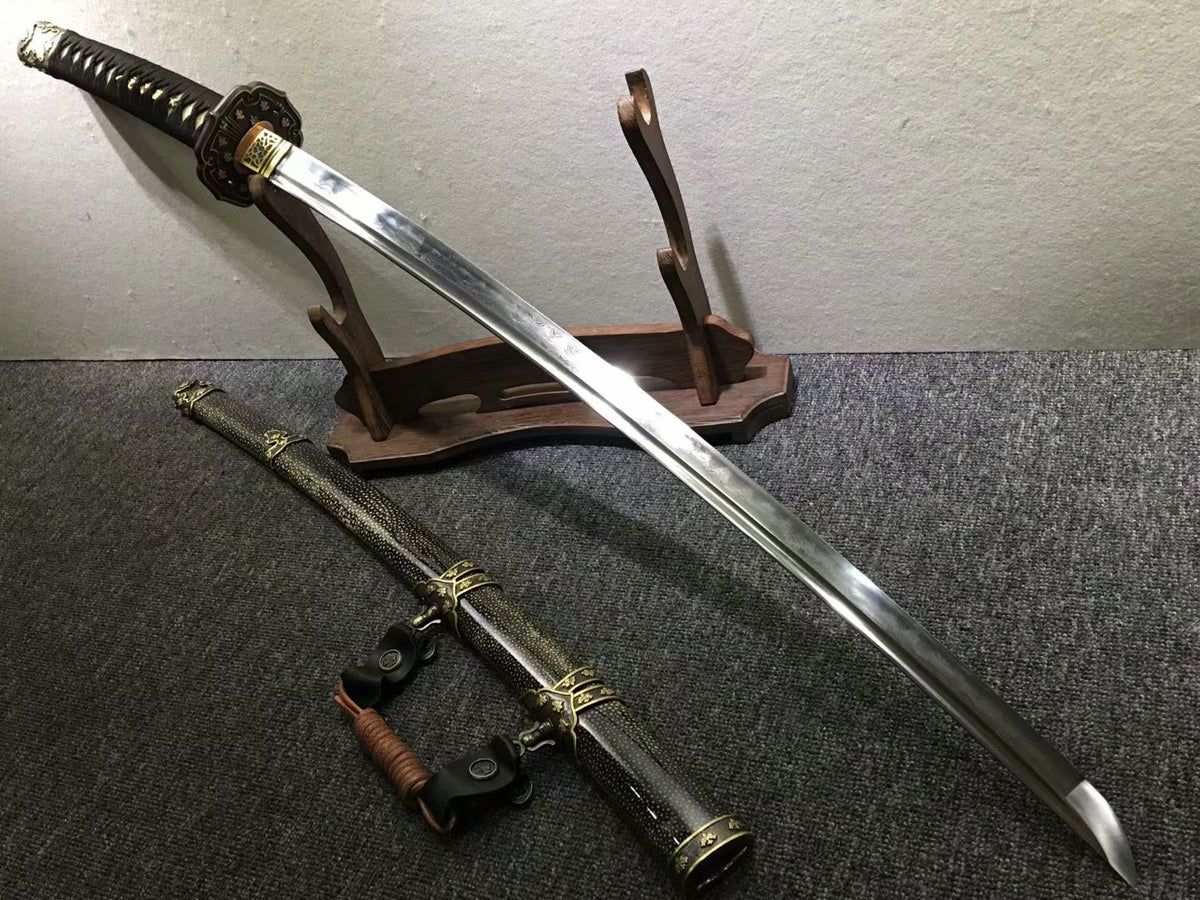 Tachi katana,Black skin scabbard,Damascus steel burn blade,Brass,Full tang - Chinese sword shop