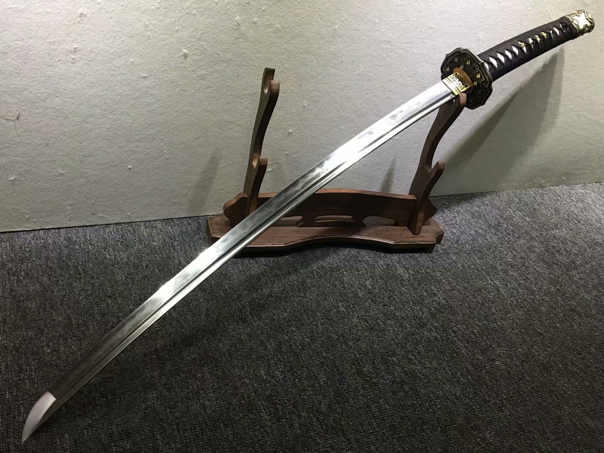 Tachi katana,Black skin scabbard,Damascus steel burn blade,Brass,Full tang - Chinese sword shop