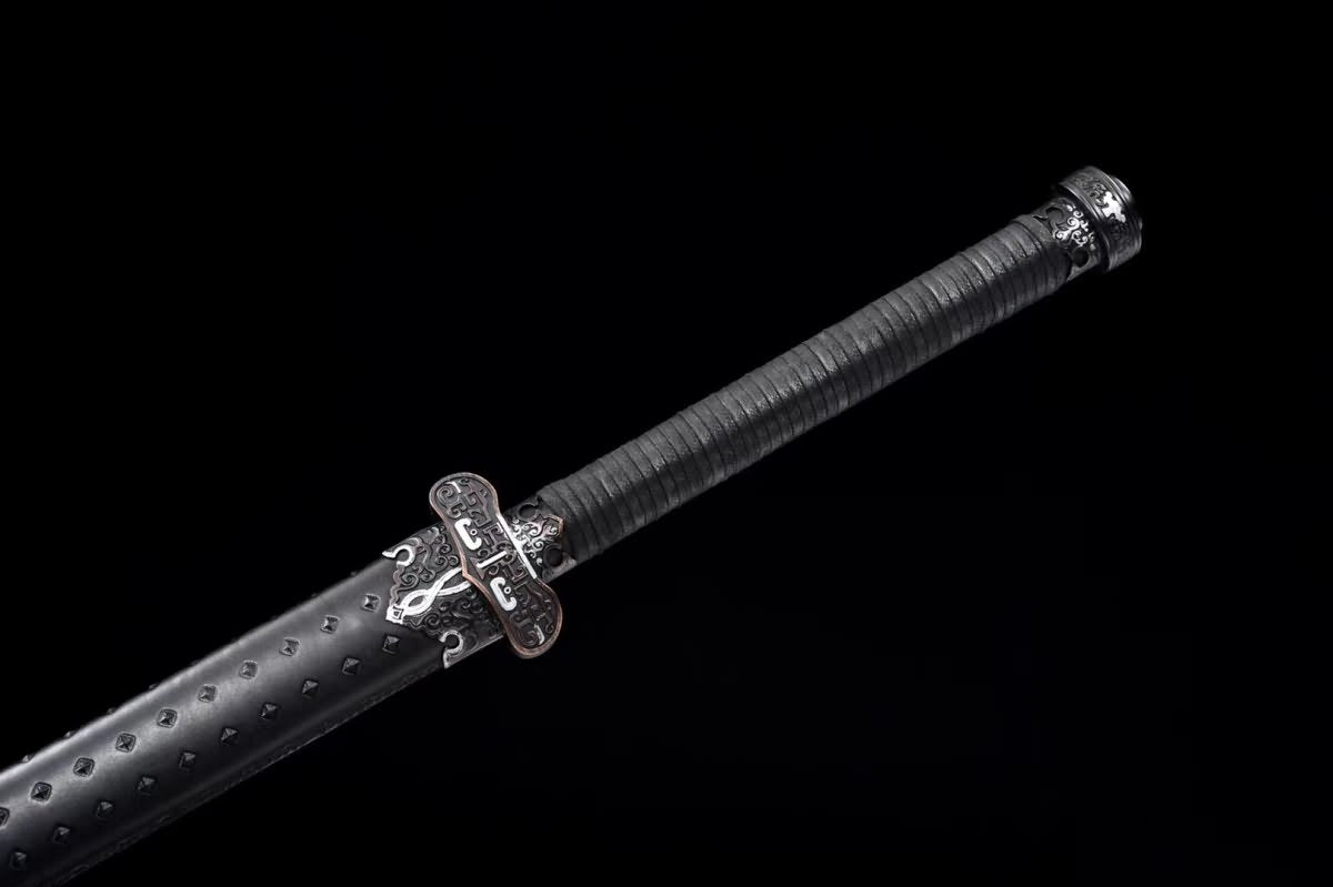 Red-Finished Tang Dao – Hand Forged High Manganese Steel Chinese Sword with Black Wrapped Handle and Studded Scabbard - Chinese Sword store