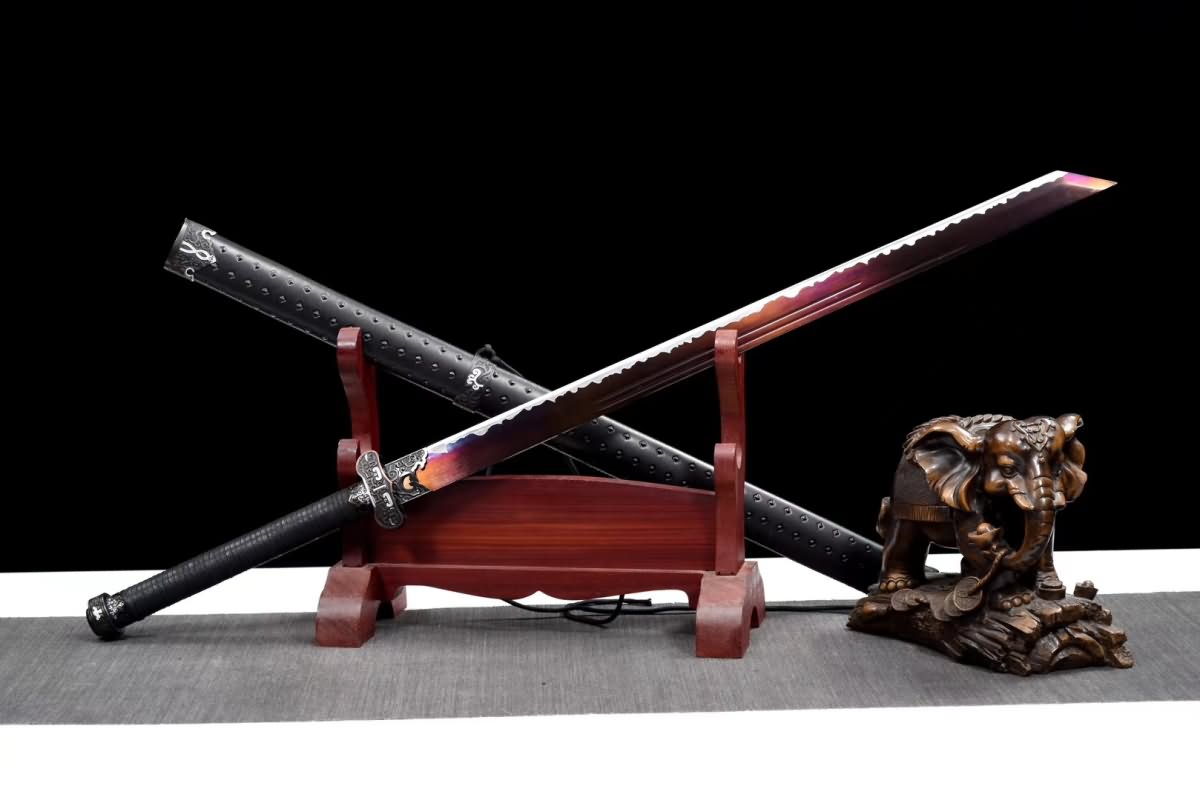 Red-Finished Tang Dao – Hand Forged High Manganese Steel Chinese Sword with Black Wrapped Handle and Studded Scabbard - Chinese Sword store