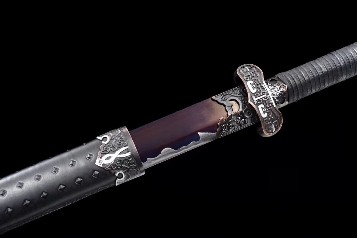 Red-Finished Tang Dao – Hand Forged High Manganese Steel Chinese Sword with Black Wrapped Handle and Studded Scabbard - Chinese Sword store