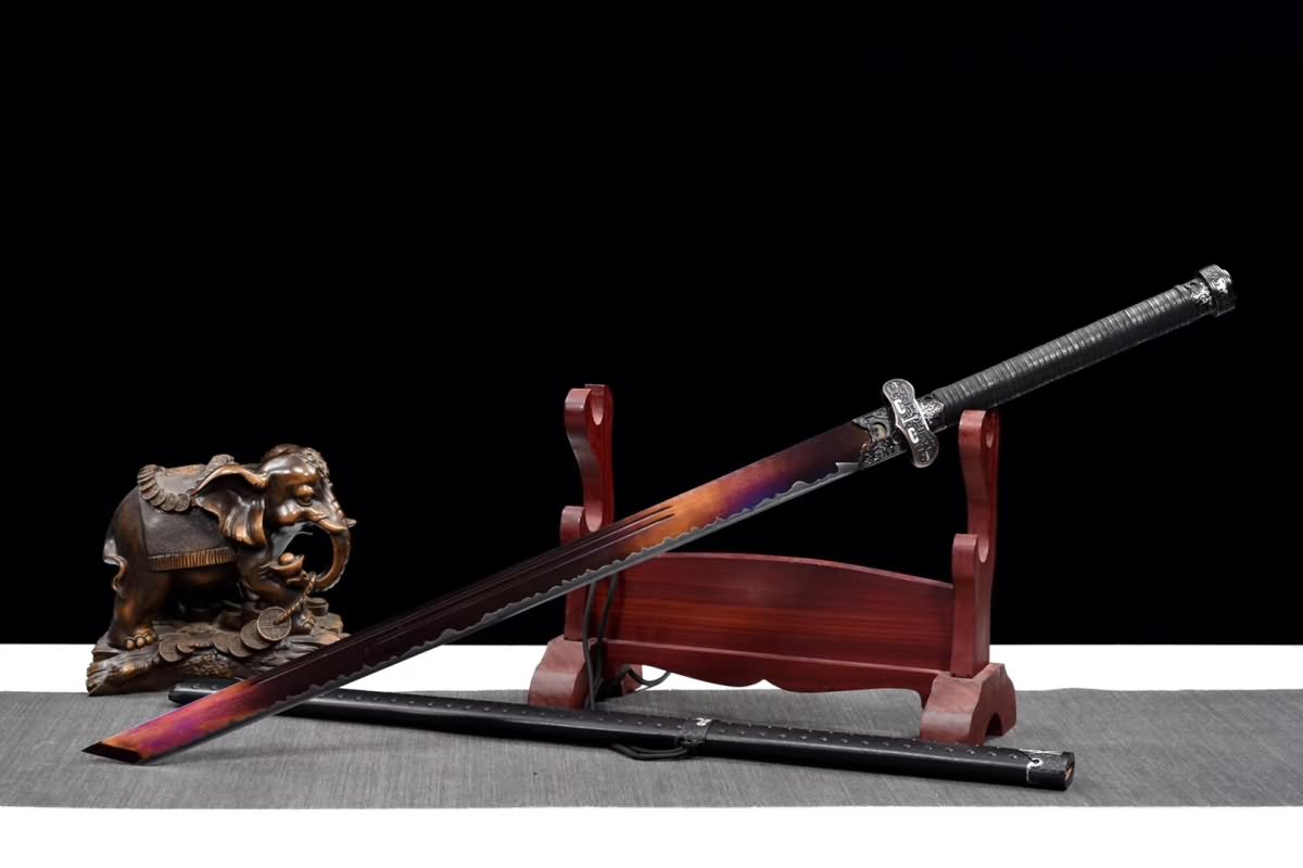 Red-Finished Tang Dao – Hand Forged High Manganese Steel Chinese Sword with Black Wrapped Handle and Studded Scabbard - Chinese Sword store