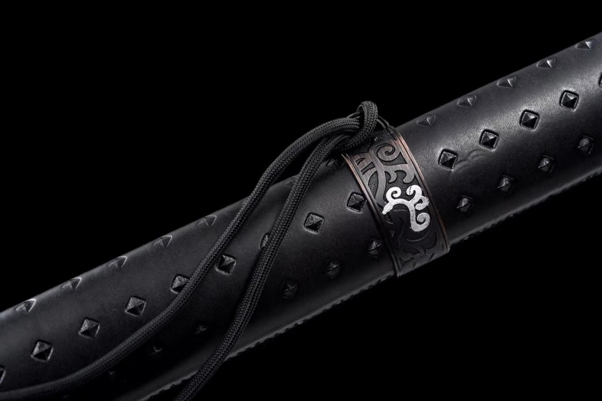Red-Finished Tang Dao – Hand Forged High Manganese Steel Chinese Sword with Black Wrapped Handle and Studded Scabbard - Chinese Sword store