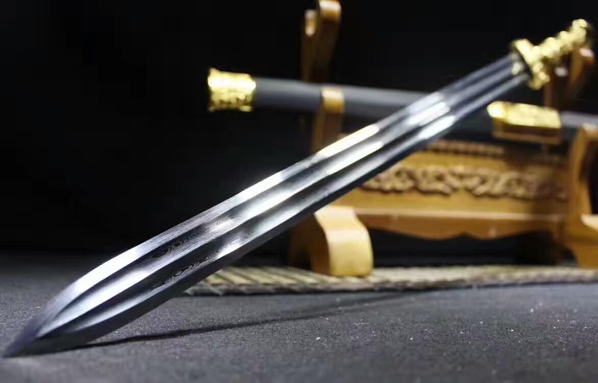 Han jian,Damascus Steel double groove blade,Black wood,Alloy handle - Chinese sword shop