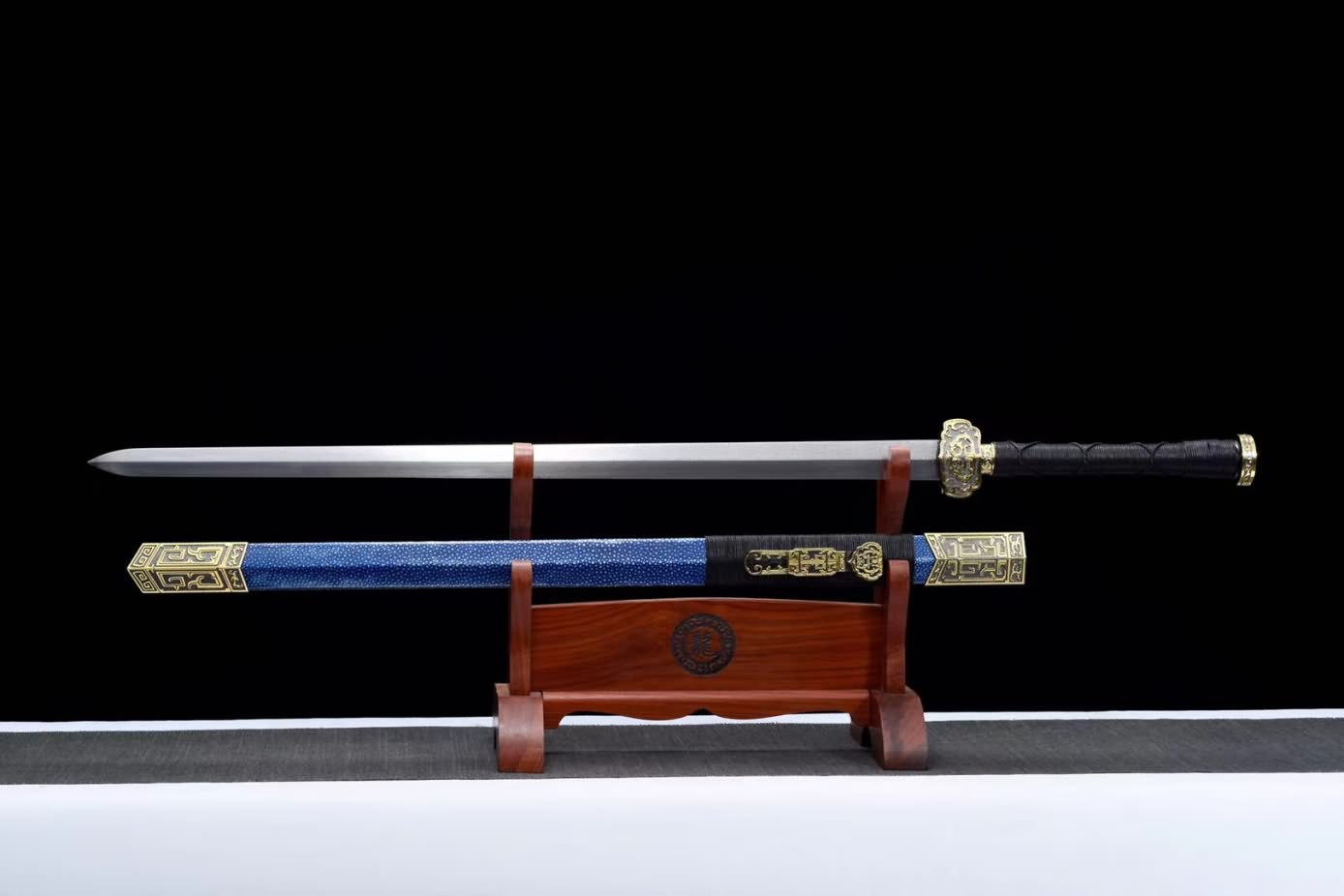 Chinese sword,Ruyi jian Swords Real Damascus Steel Blade,Blue Skin Scabbard,Alloy Fittings,LOONGSWORD