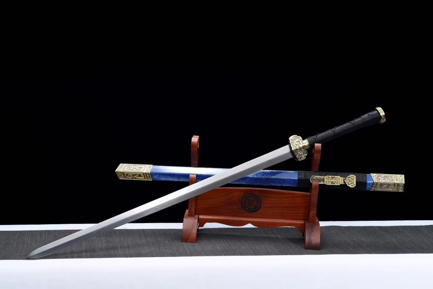 Chinese sword,Ruyi jian Swords Real Damascus Steel Blade,Blue Skin Scabbard,Alloy Fittings,LOONGSWORD