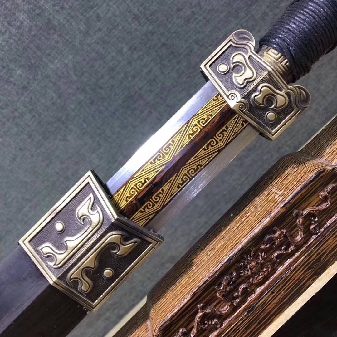 Han sword,Damascus Steel etch blade,Black wood,Brass - Chinese sword shop