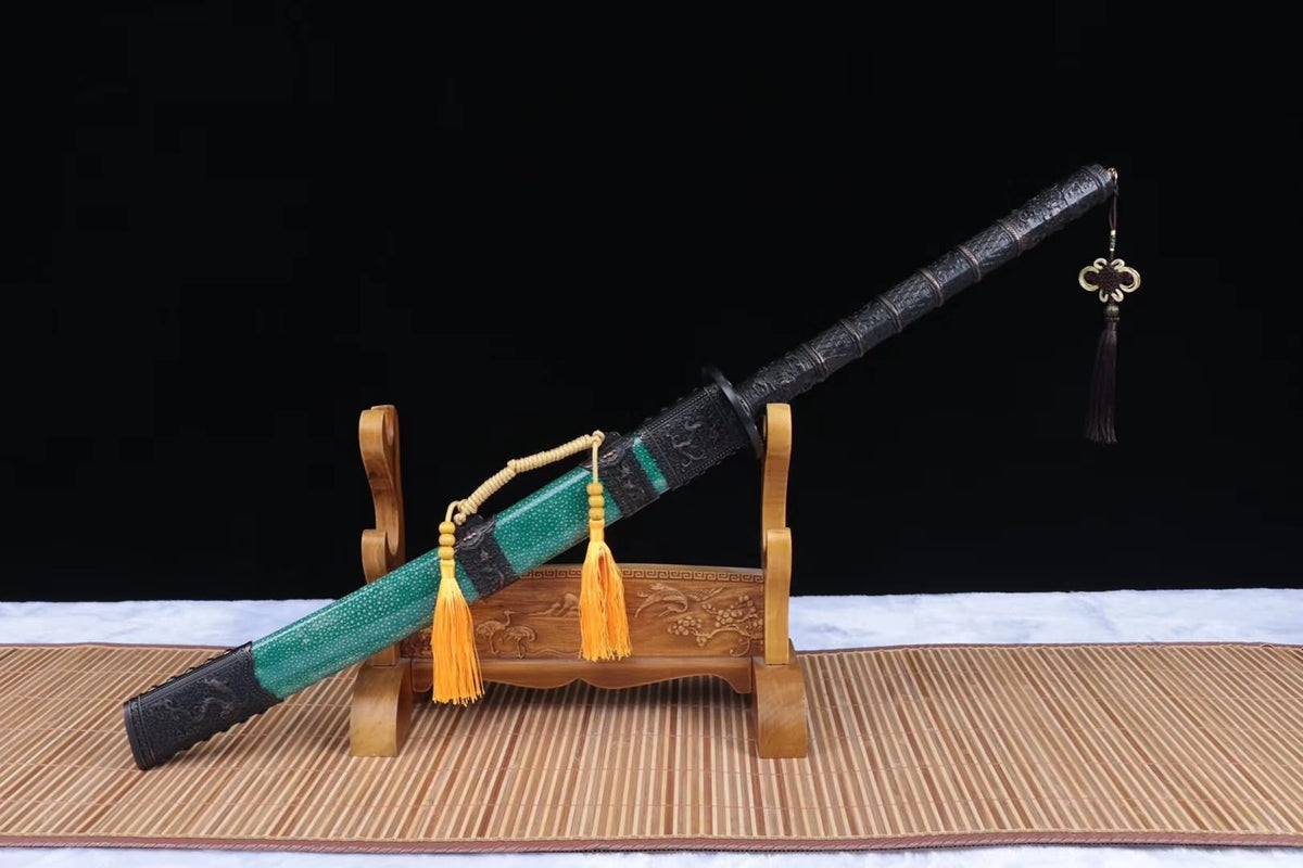 Kangxi sword,Damascus steel blade,Green skin scabbard,Alloy fittings - Chinese sword shop