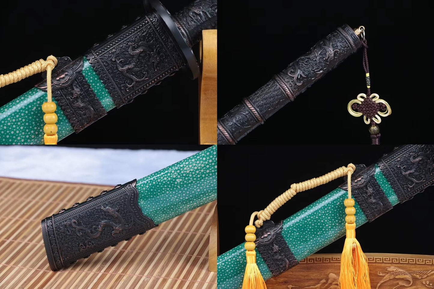 Kangxi sword,Damascus steel blade,Green skin scabbard,Alloy fittings - Chinese sword shop