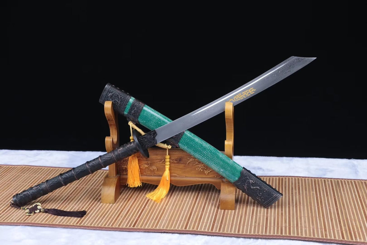 Kangxi sword,Damascus steel blade,Green skin scabbard,Alloy fittings - Chinese sword shop