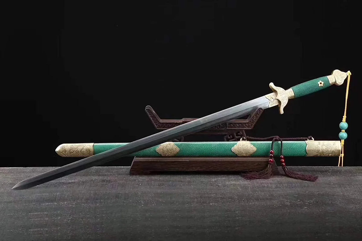 Green Tai Chi Jian – Pattern Steel with Brass Fittings