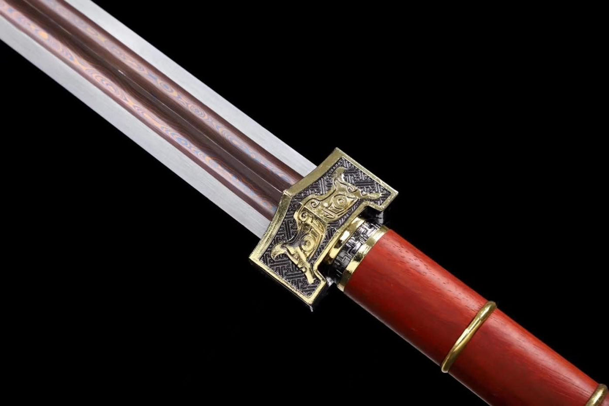 LOONGSWORD,Ruyi jian,Damascus Steel red Blade,Redwood Scabbard,Alloy Fittings