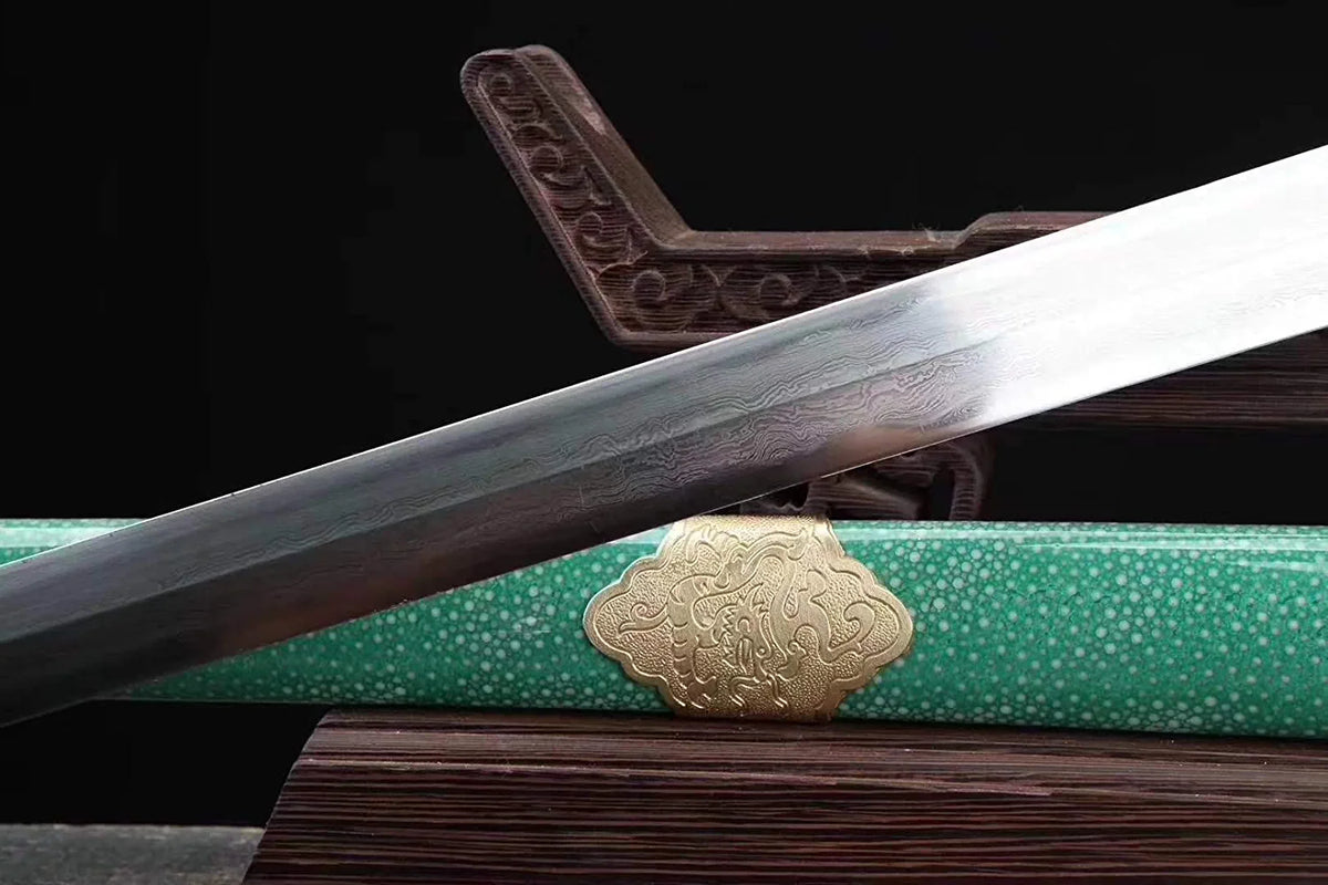 Green Tai Chi Jian – Pattern Steel with Brass Fittings