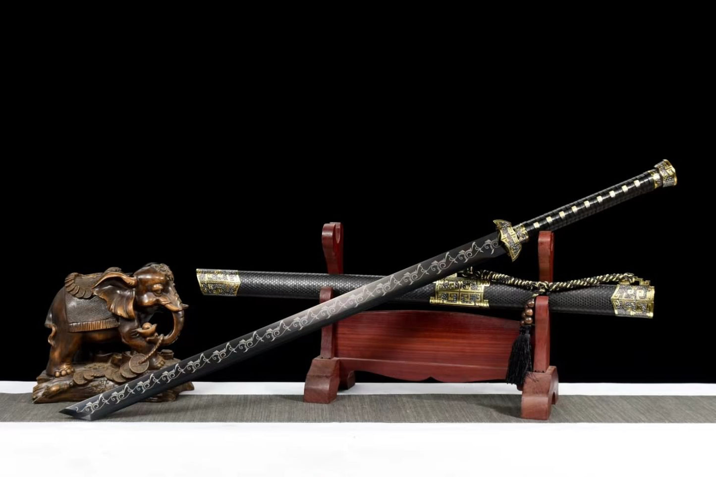 Black Gold Ancient Swords-Handcrafted High Carbon Steel Blade with Alloy Fittings and Real Wood Wrapped Faux Leather Scabbard