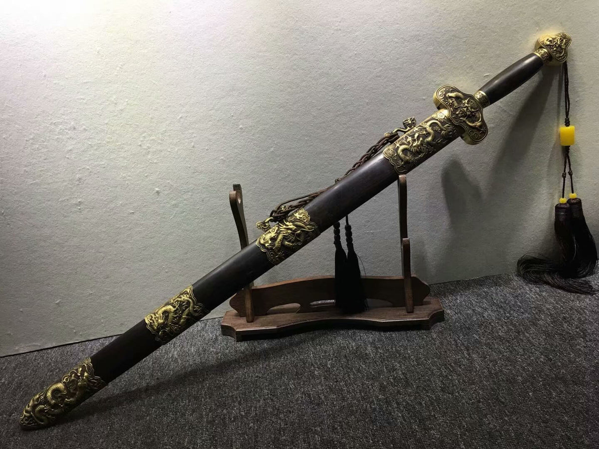 Longquan sword,Damascus steel blade,Black scabbard,Brass - Chinese sword shop
