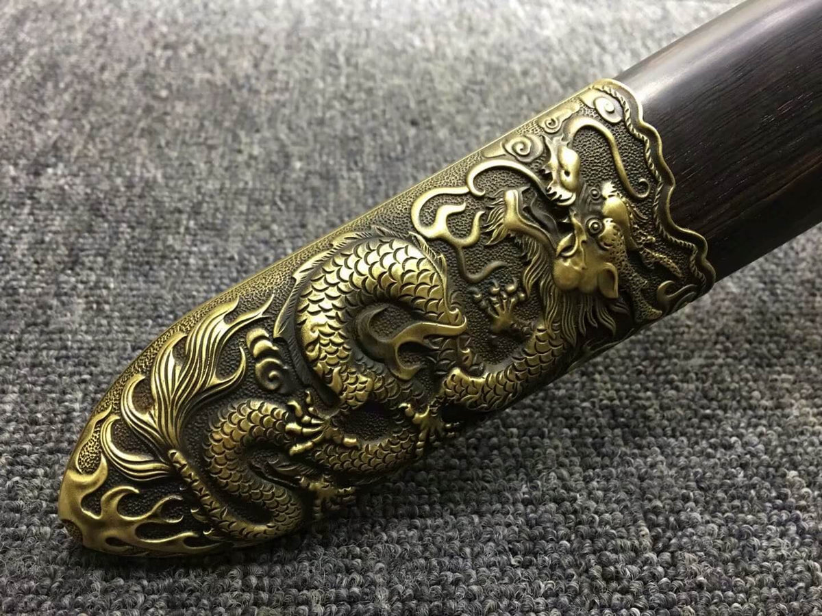 Longquan sword,Damascus steel blade,Black scabbard,Brass - Chinese sword shop