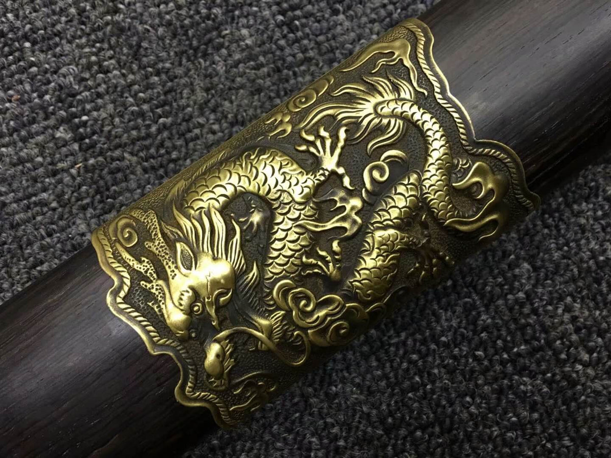 Longquan sword,Damascus steel blade,Black scabbard,Brass - Chinese sword shop