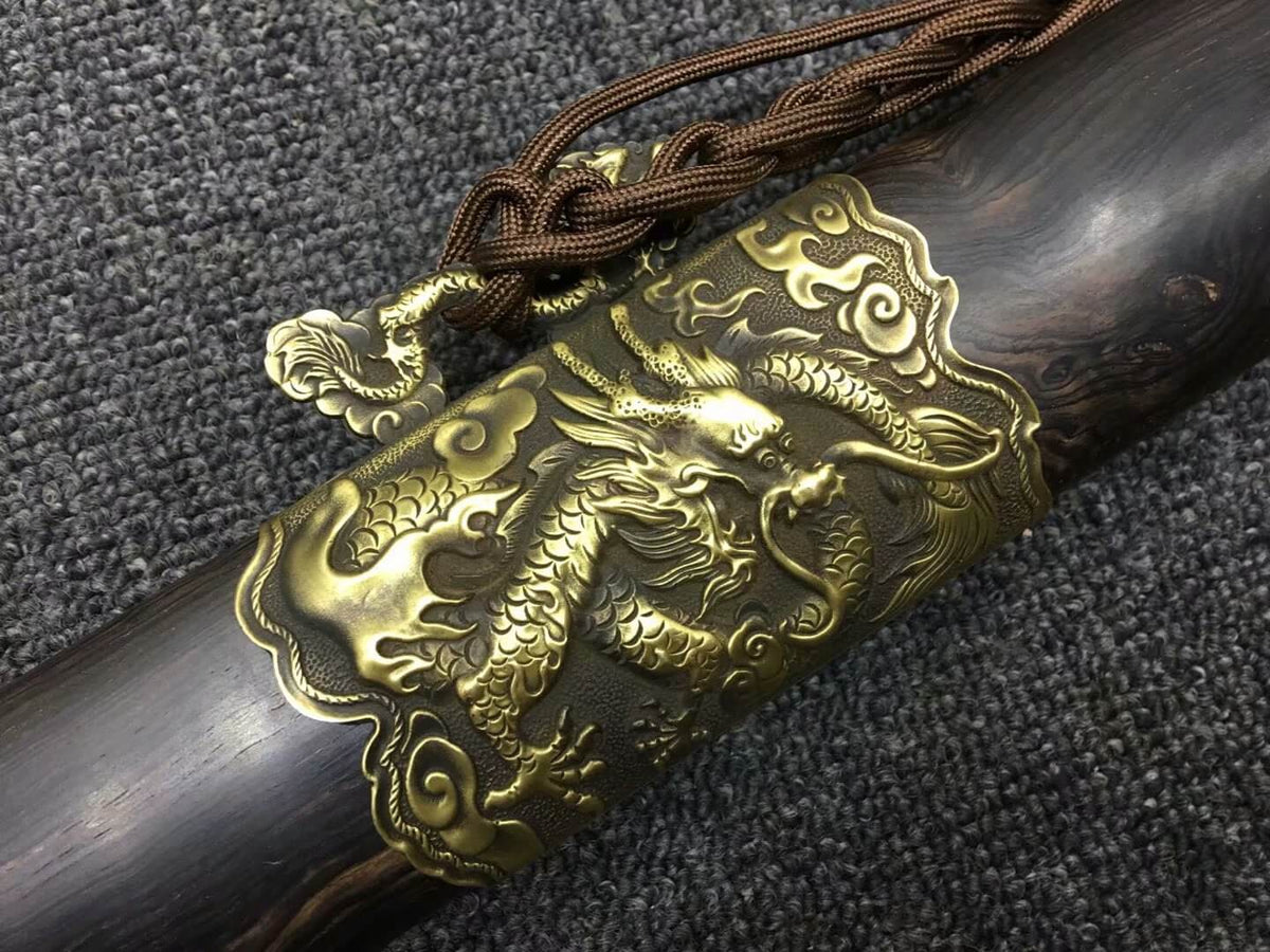 Longquan sword,Damascus steel blade,Black scabbard,Brass - Chinese sword shop