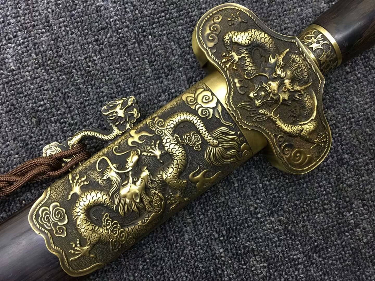 Longquan sword,Damascus steel blade,Black scabbard,Brass - Chinese sword shop