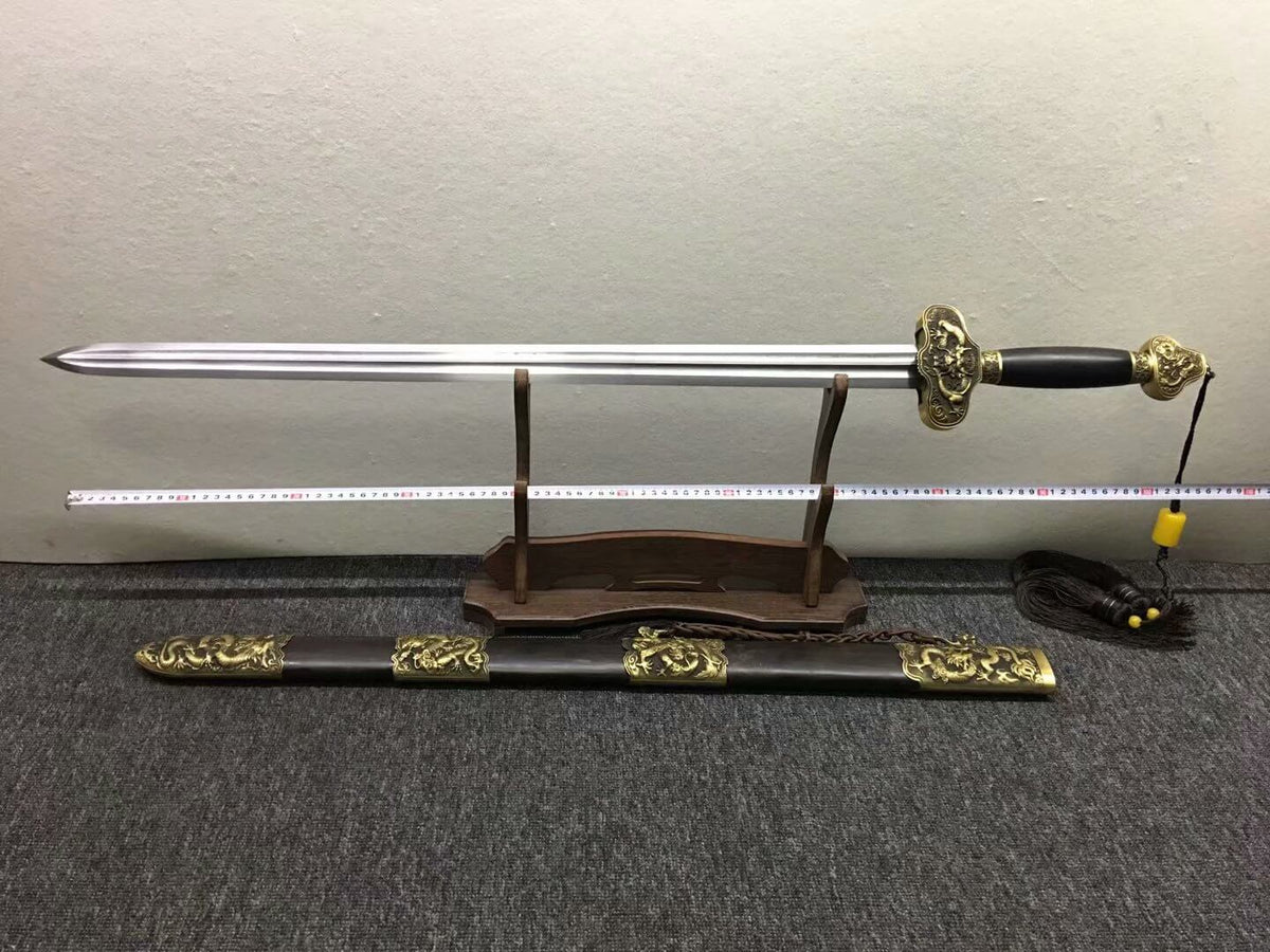 Longquan sword,Damascus steel blade,Black scabbard,Brass - Chinese sword shop