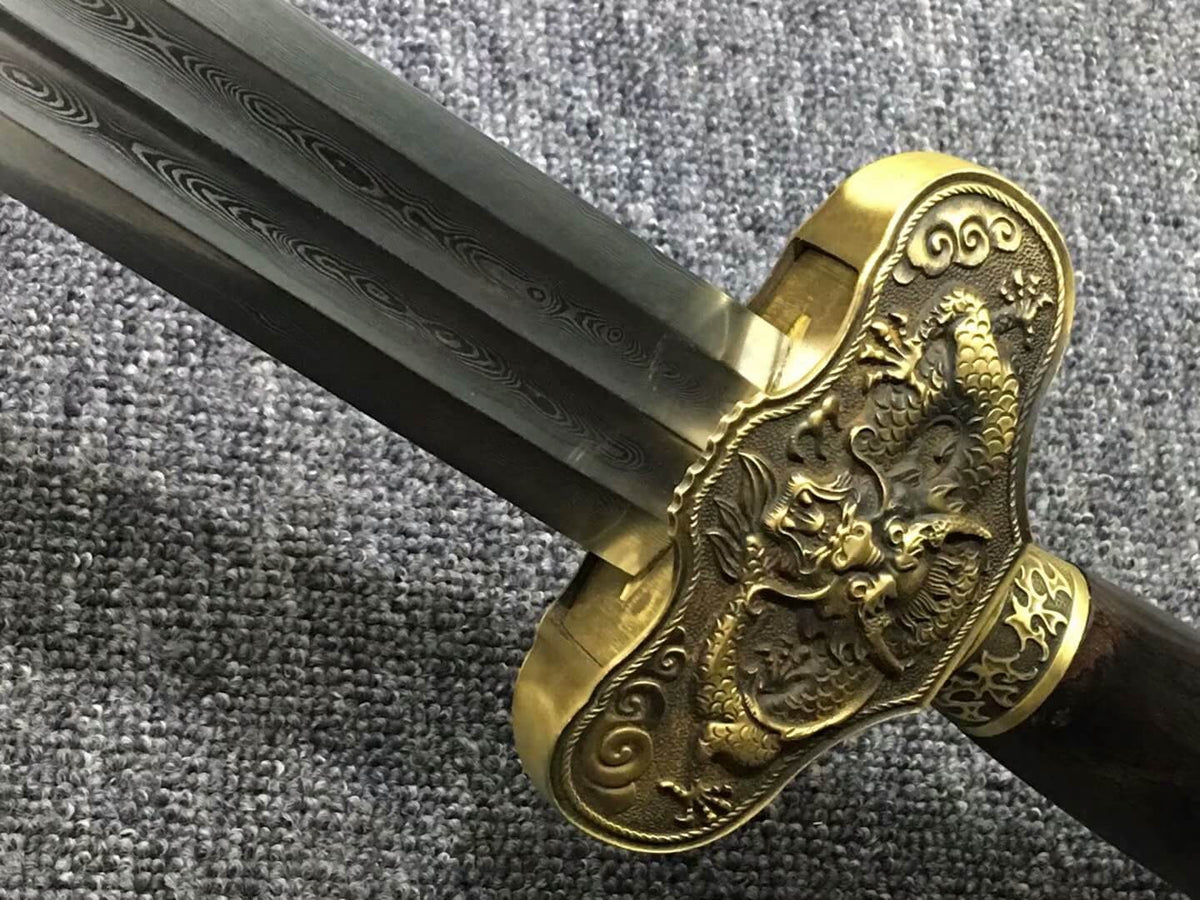 Longquan sword,Damascus steel blade,Black scabbard,Brass - Chinese sword shop