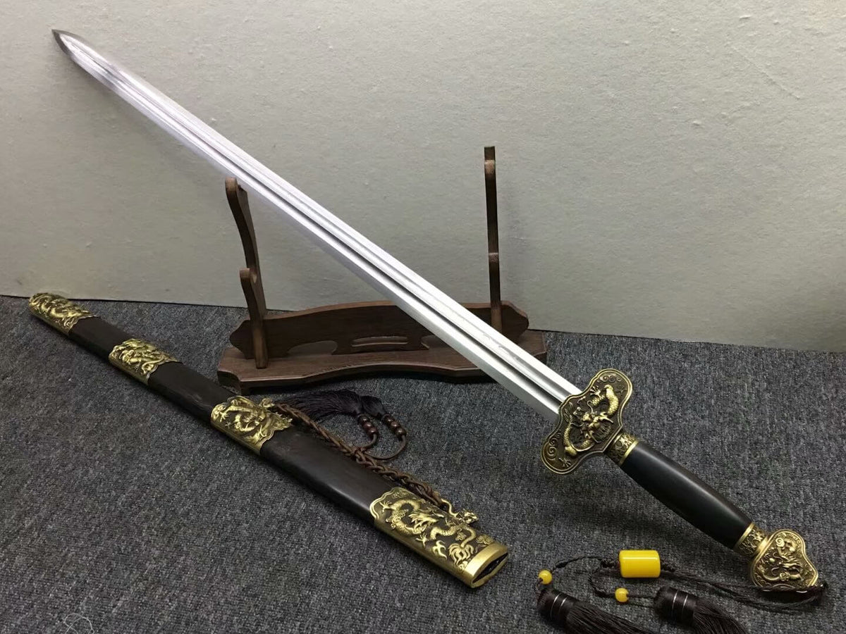 Longquan sword,Damascus steel blade,Black scabbard,Brass - Chinese sword shop