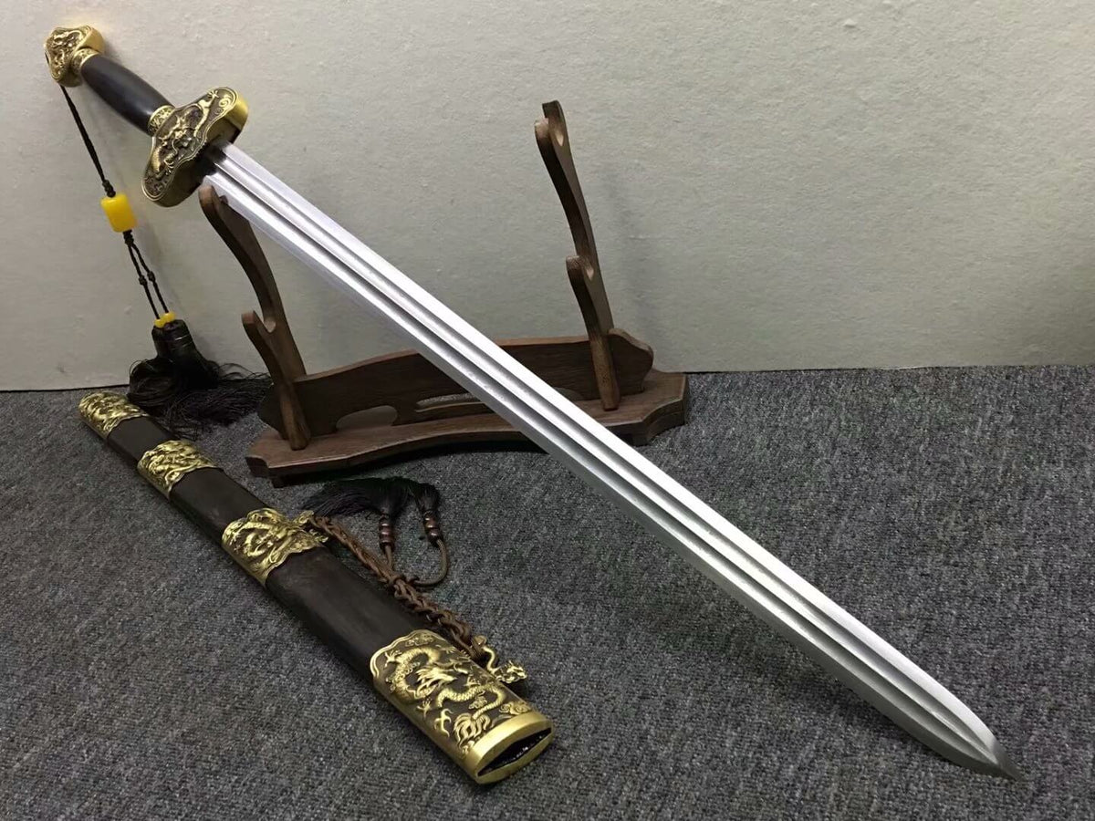 Longquan sword,Damascus steel blade,Black scabbard,Brass - Chinese sword shop