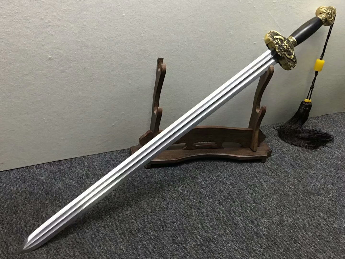 Longquan sword,Damascus steel blade,Black scabbard,Brass - Chinese sword shop