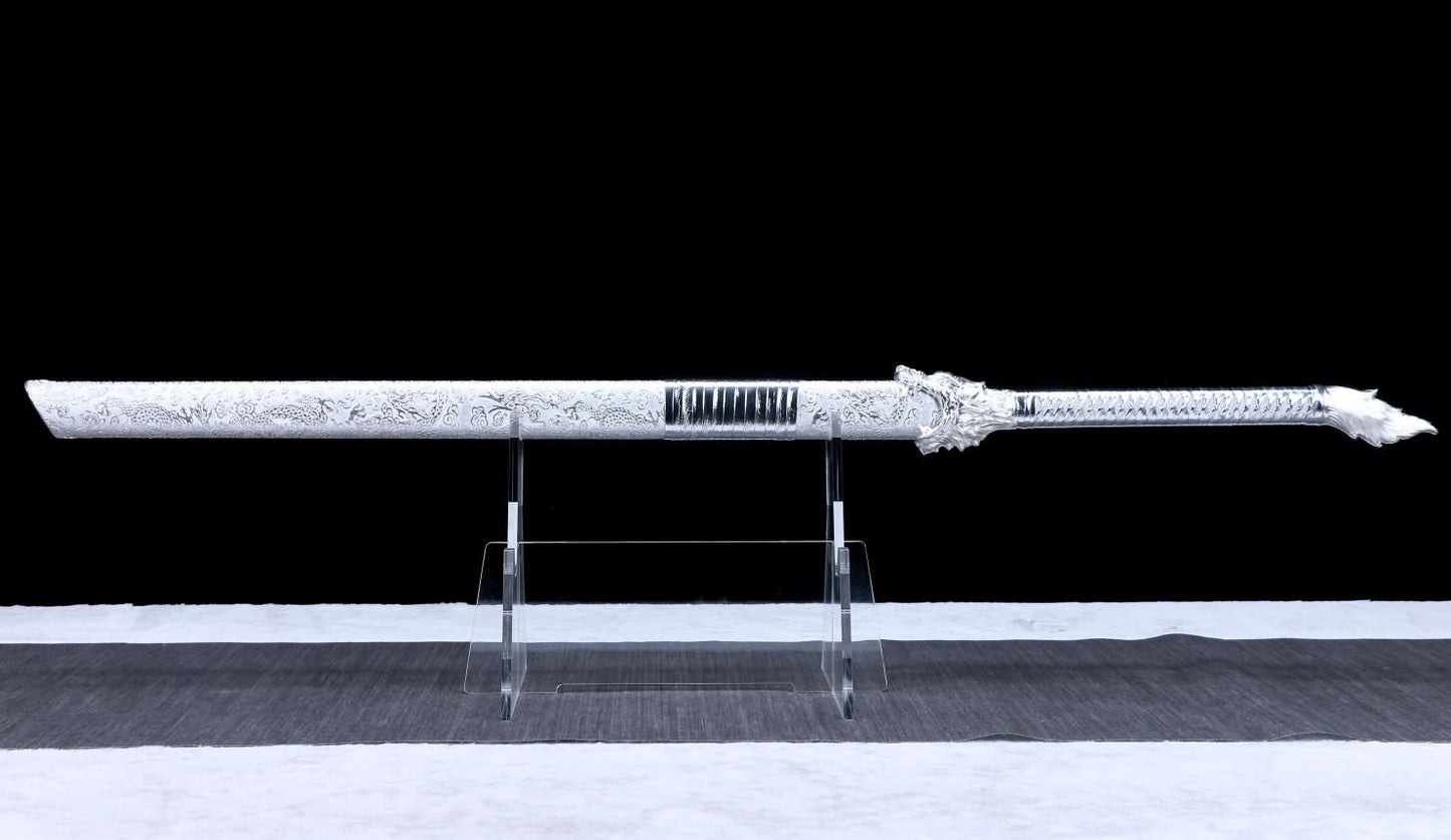 Silver Dragon Tang jian,Battle Ready Hand Forged High Carbon Steel Etched Blade