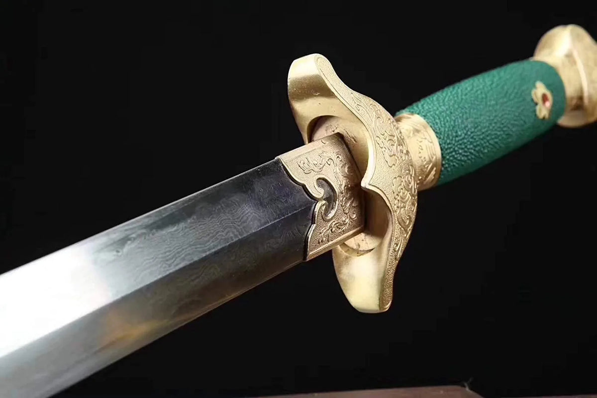 Green Tai Chi Jian – Pattern Steel with Brass Fittings