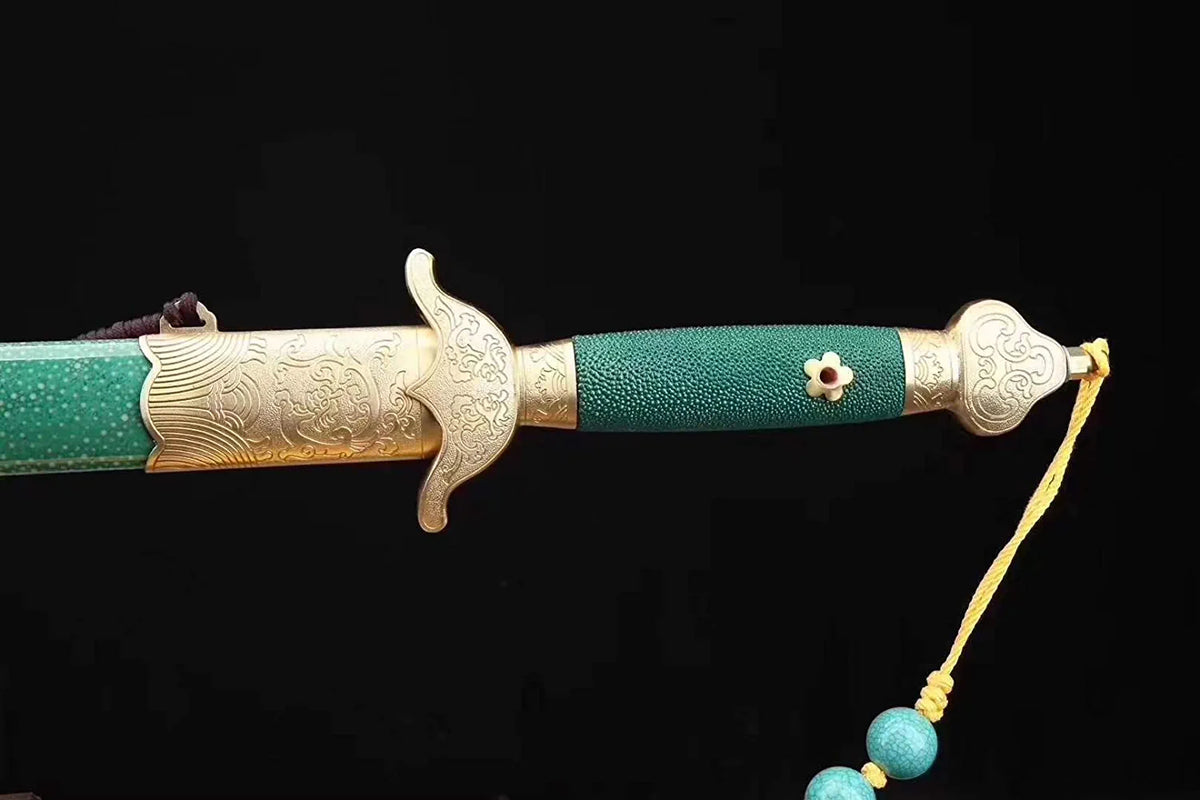 Green Tai Chi Jian – Pattern Steel with Brass Fittings