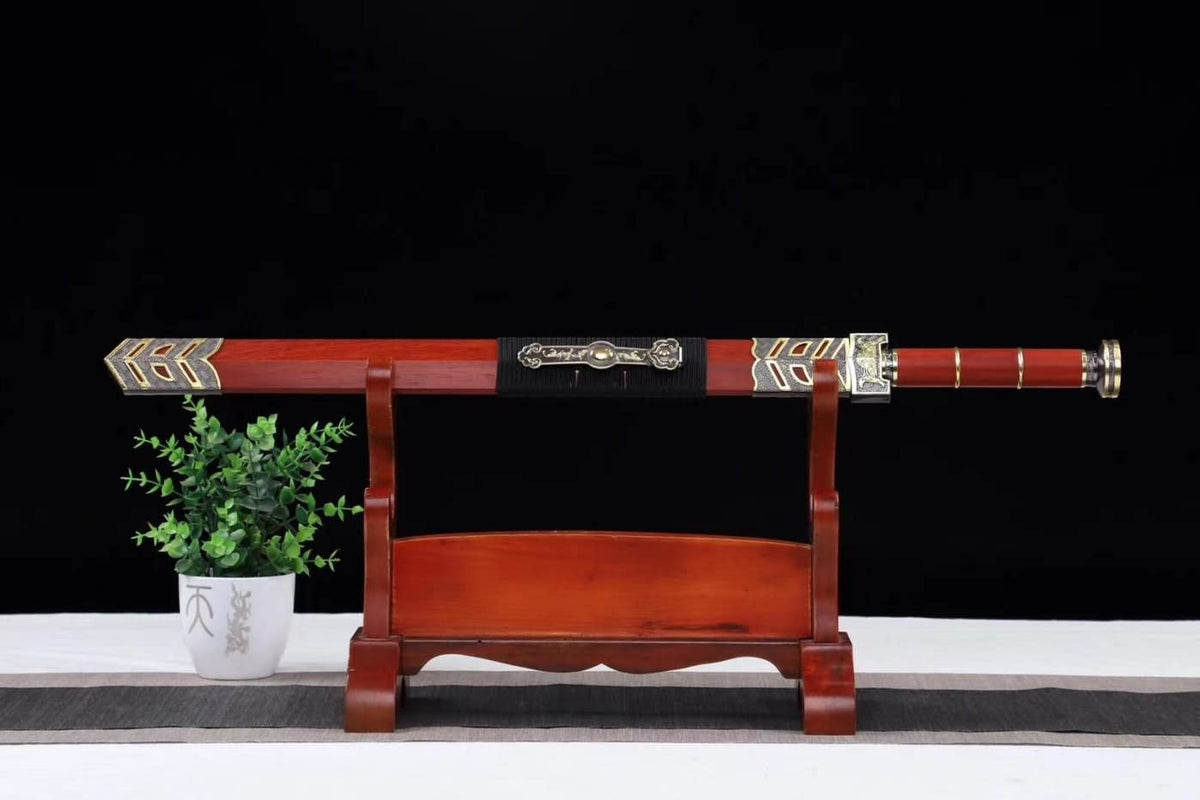 LOONGSWORD,Ruyi jian,Damascus Steel red Blade,Redwood Scabbard,Alloy Fittings