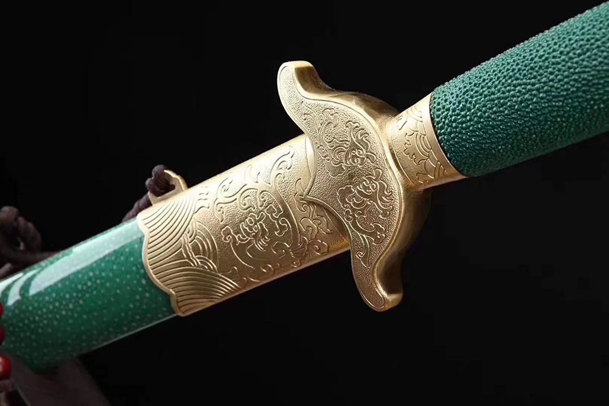 Green Tai Chi Jian – Pattern Steel with Brass Fittings