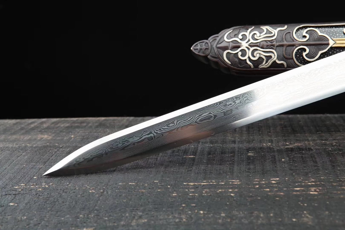 Myth sword,Handmade Damascus steel blade,Skin scabbard,Brass fittings - Chinese sword shop