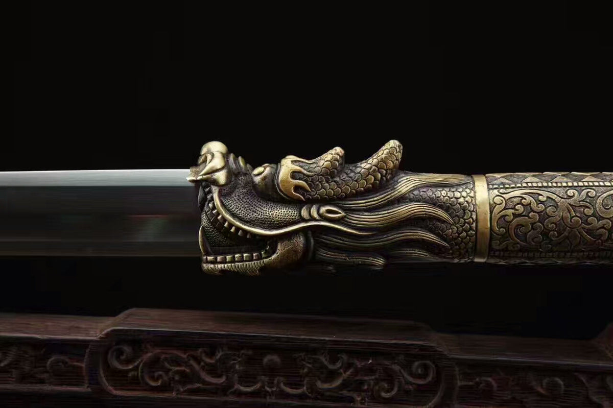 Dragon sword(Damascus Steel blade,Leather scabbard,Brass)Length 31" - Chinese sword shop